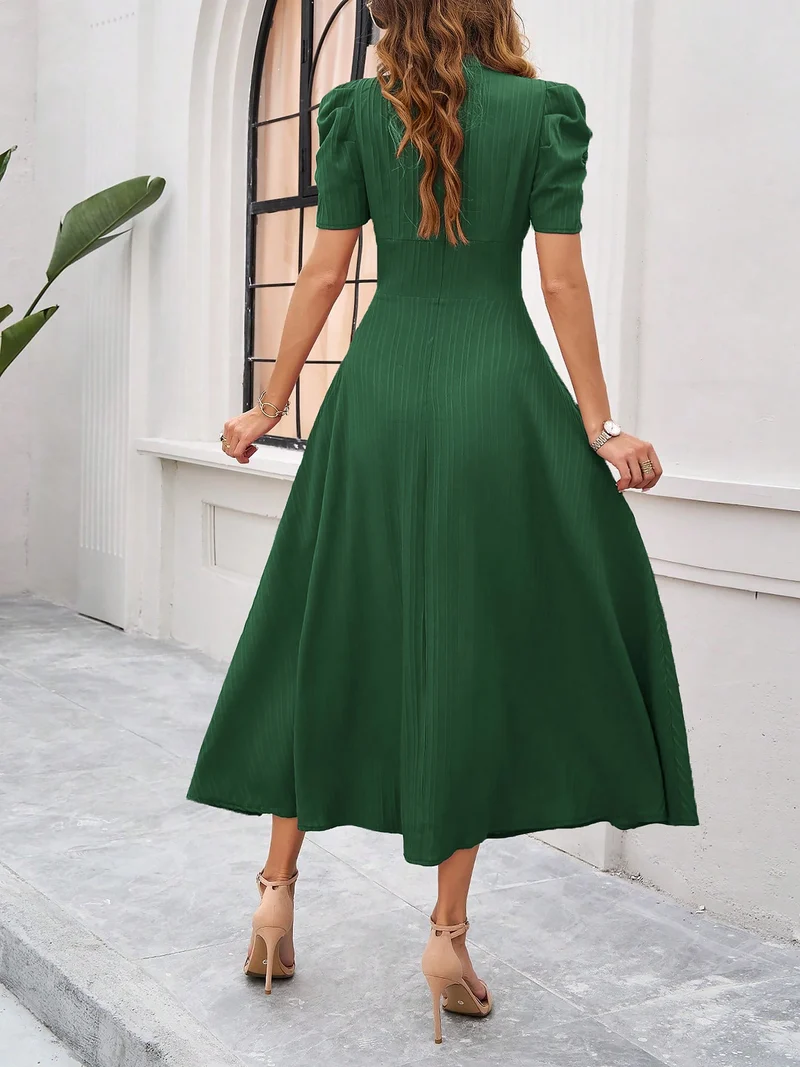 Strukturierte Puff Kurzarm Raffungen Midikleid A Linie Tailliert Casual Chic