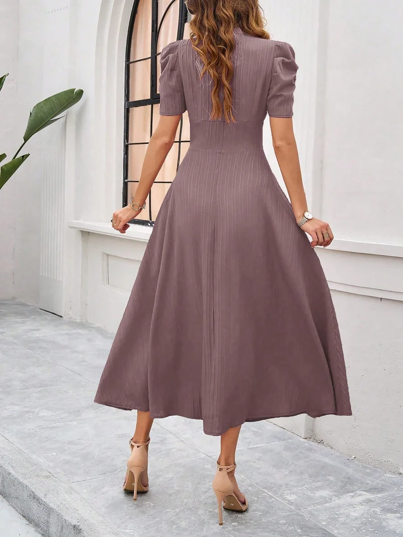Strukturierte Puff Kurzarm Raffungen Midikleid A Linie Tailliert Casual Chic