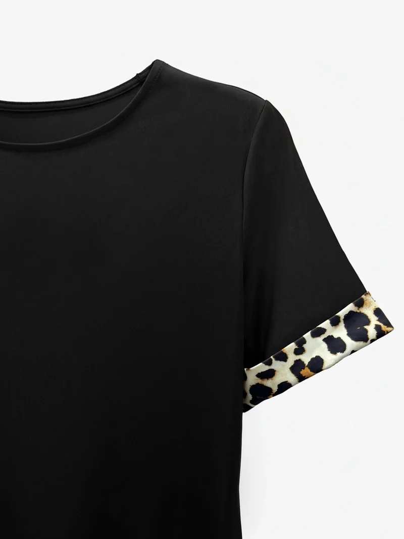 Leopardenmuster Patchwork Bootsausschnitt Kurzarm T Shirt Kleid