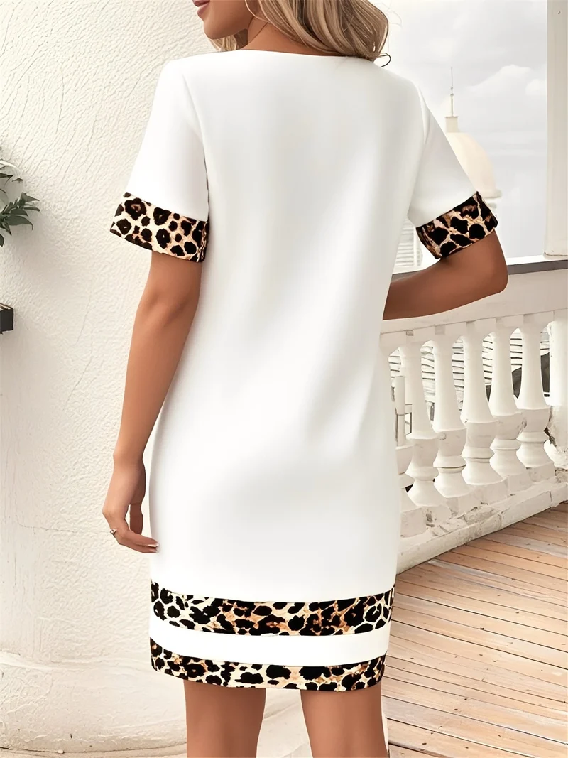 Leopardenmuster Patchwork Bootsausschnitt Kurzarm T Shirt Kleid