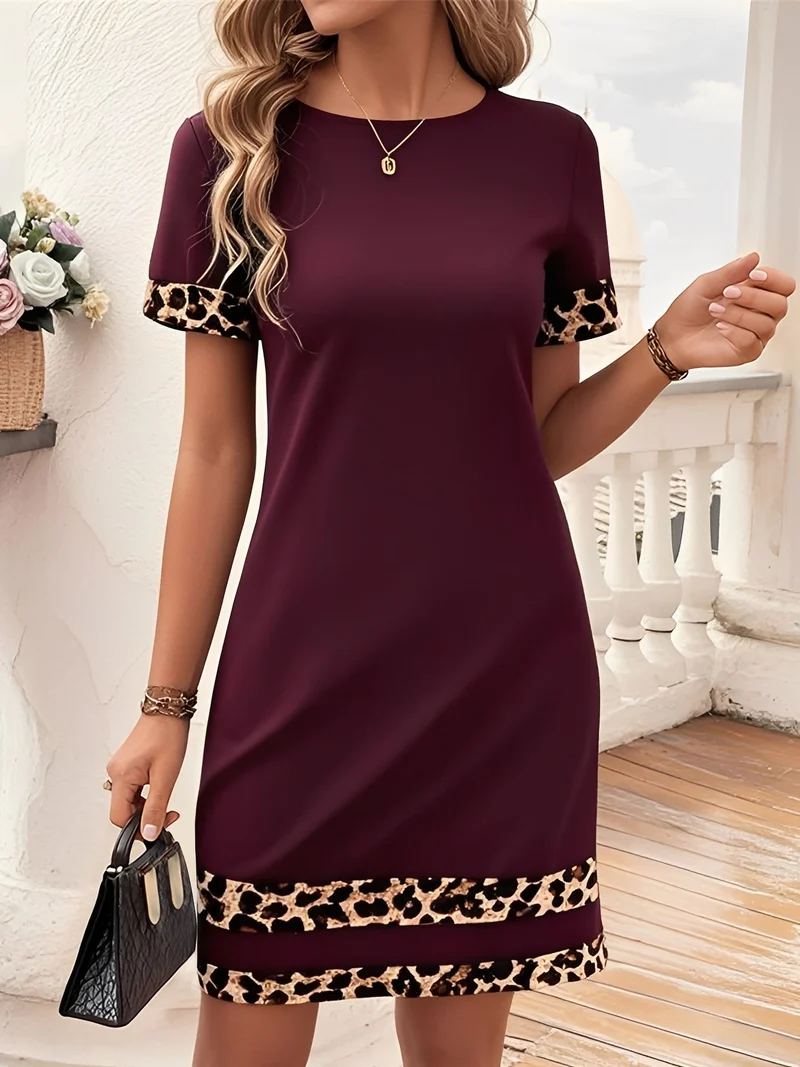 Leopardenmuster Patchwork Bootsausschnitt Kurzarm T Shirt Kleid