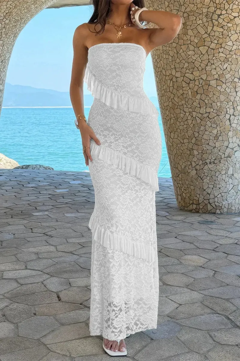 Damen Off Shoulder Bodycon Maxikleid mit Spitze