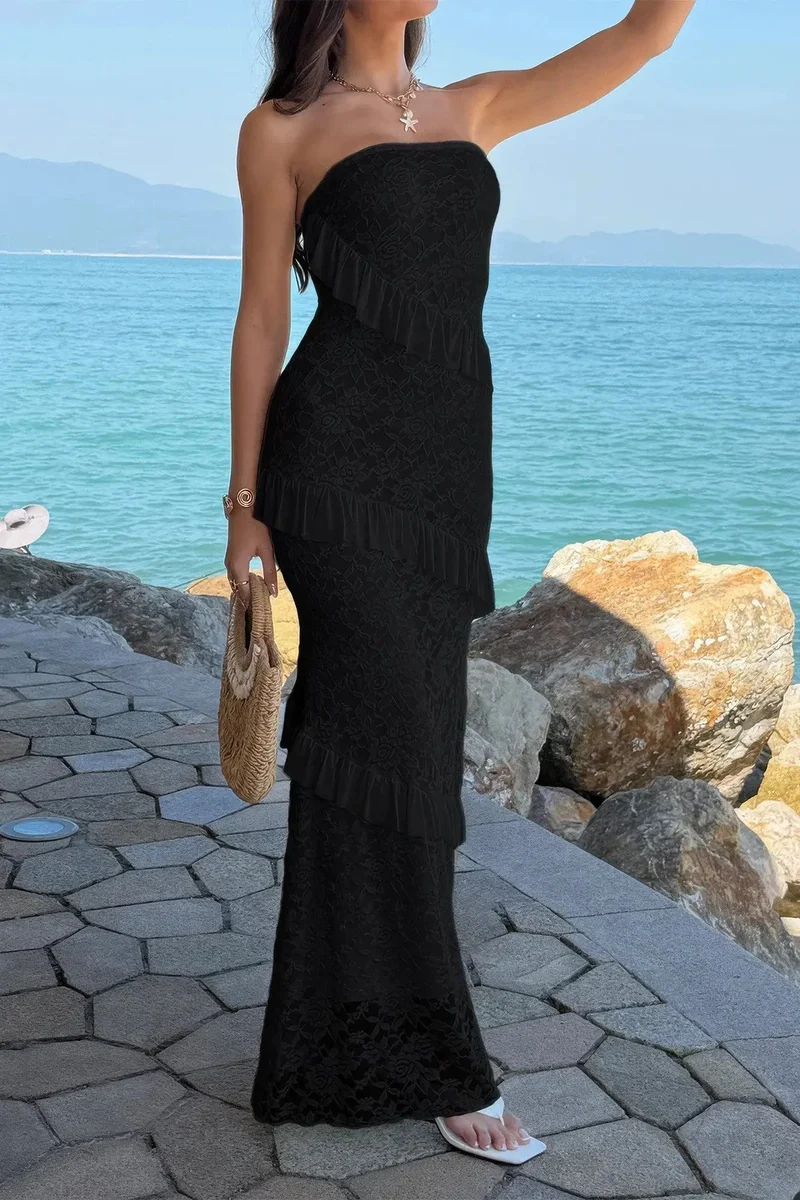 Damen Off Shoulder Bodycon Maxikleid mit Spitze