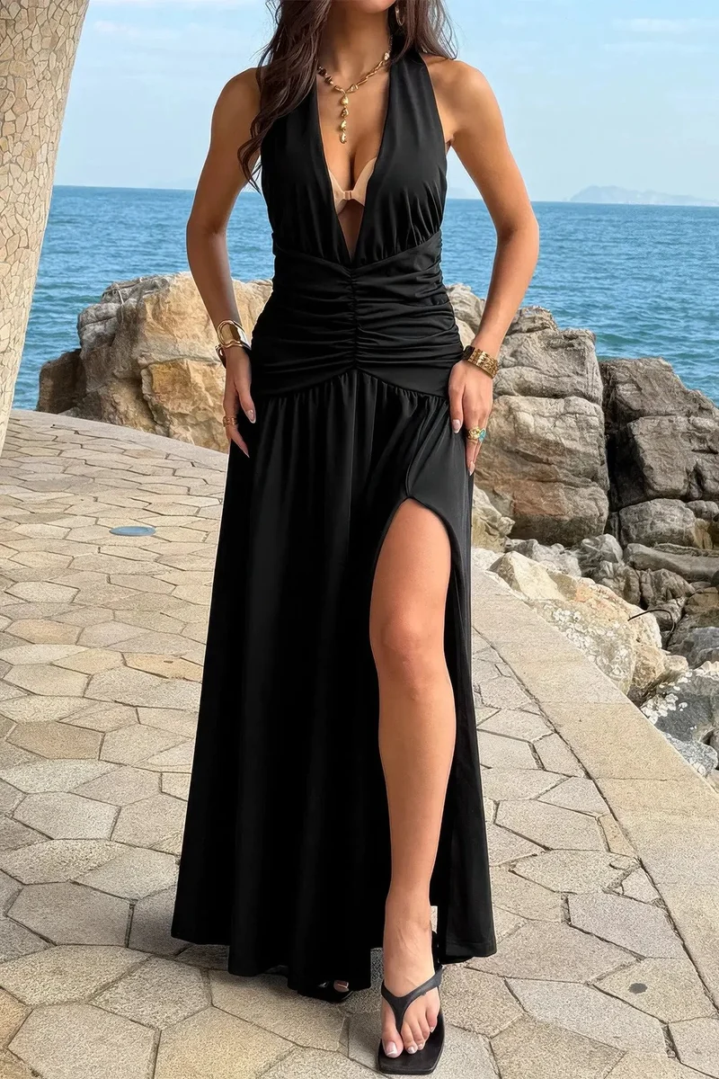 Damen Halter Maxikleid mit V Ausschnitt Schlitz und Raffung