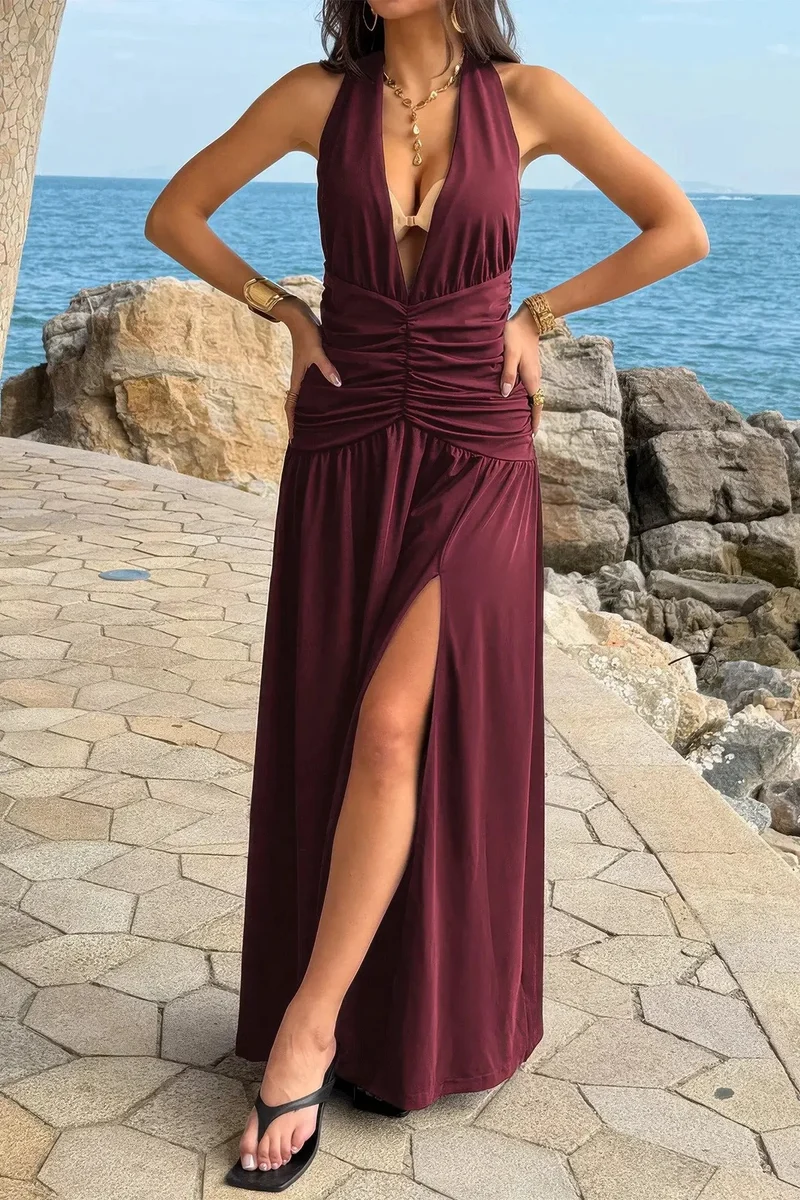 Damen Halter Maxikleid mit V Ausschnitt Schlitz und Raffung