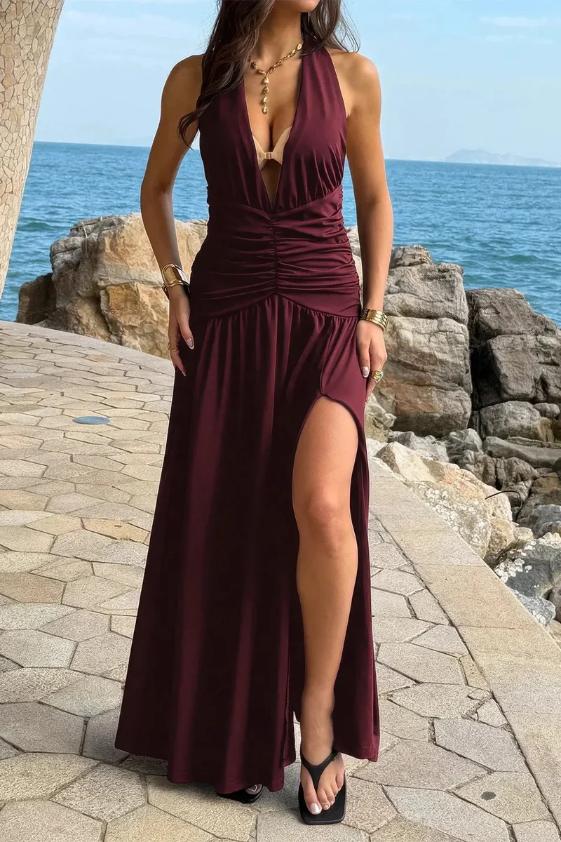 Damen Halter Maxikleid mit V Ausschnitt Schlitz und Raffung