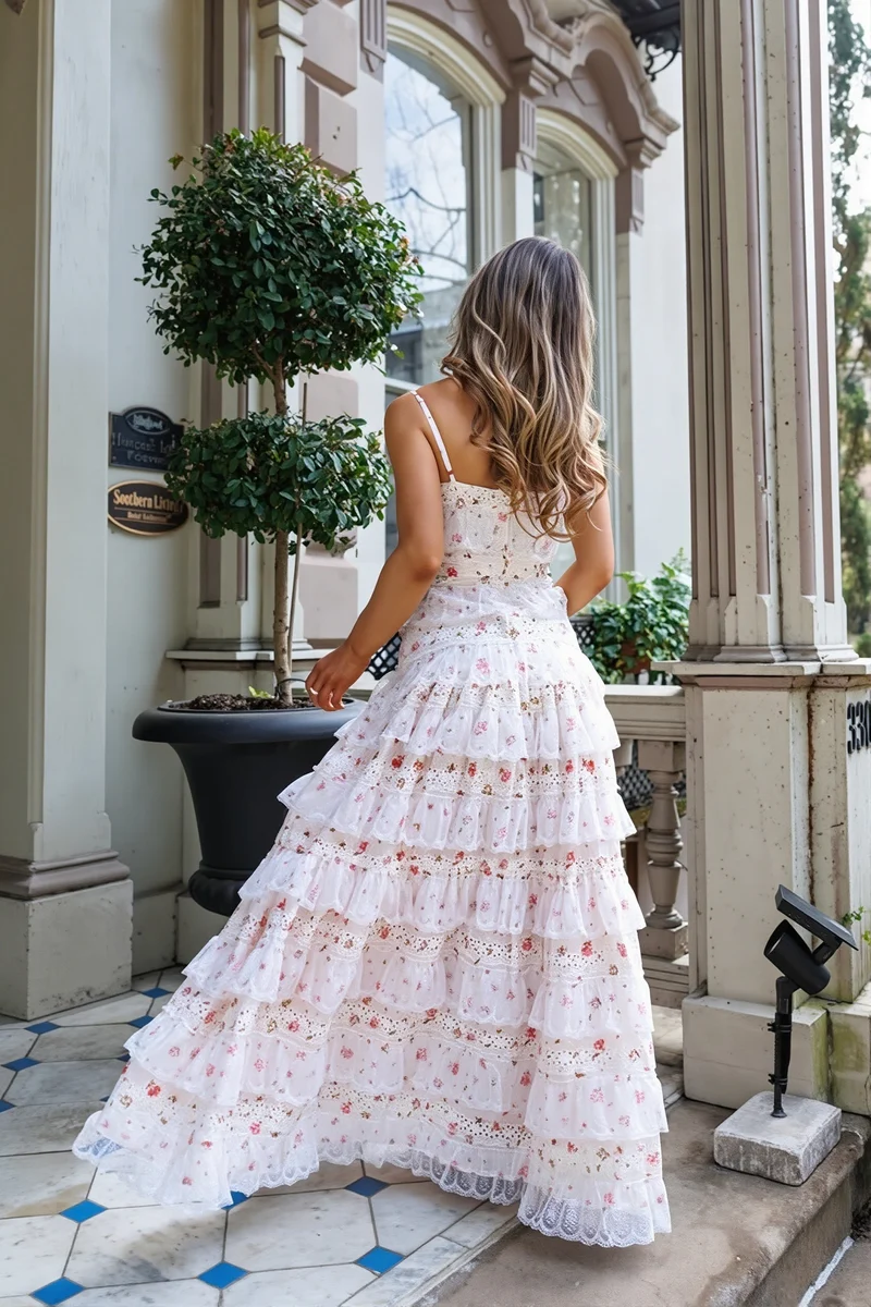 Sexy Cami Maxikleid mit Spitzenbesatz Print und Rüschensaum