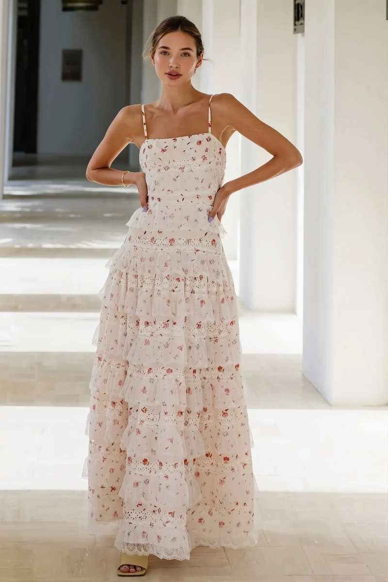Sexy Cami Maxikleid mit Spitzenbesatz Print und Rüschensaum