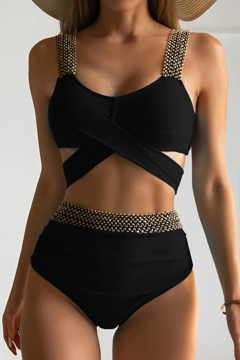 Hoch tailliertes Bikini mit goldenen Kreuz Trägern