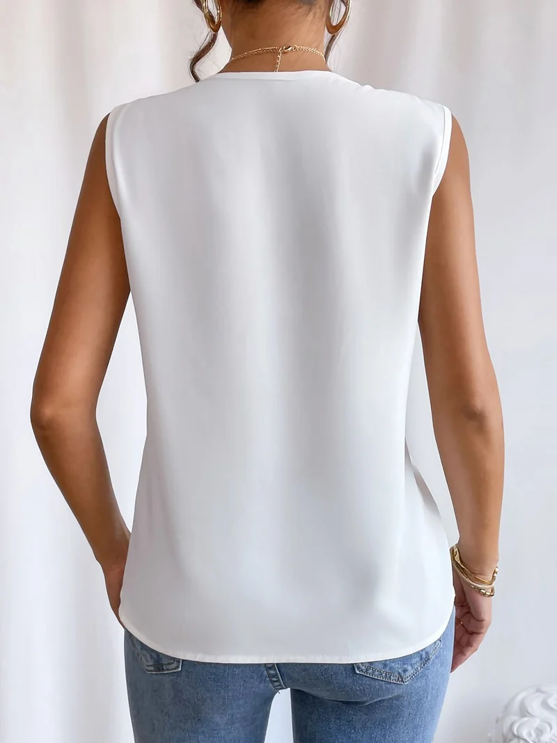Elegantes A Linie Plissiert V Ausschnitt Ärmellos Unifarben Top
