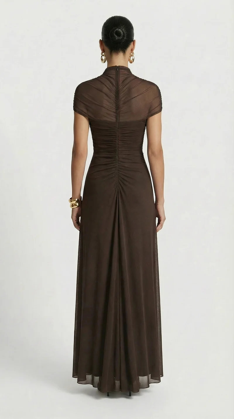 Damen gerafftes Mesh Maxikleid mit Cut-Outs
