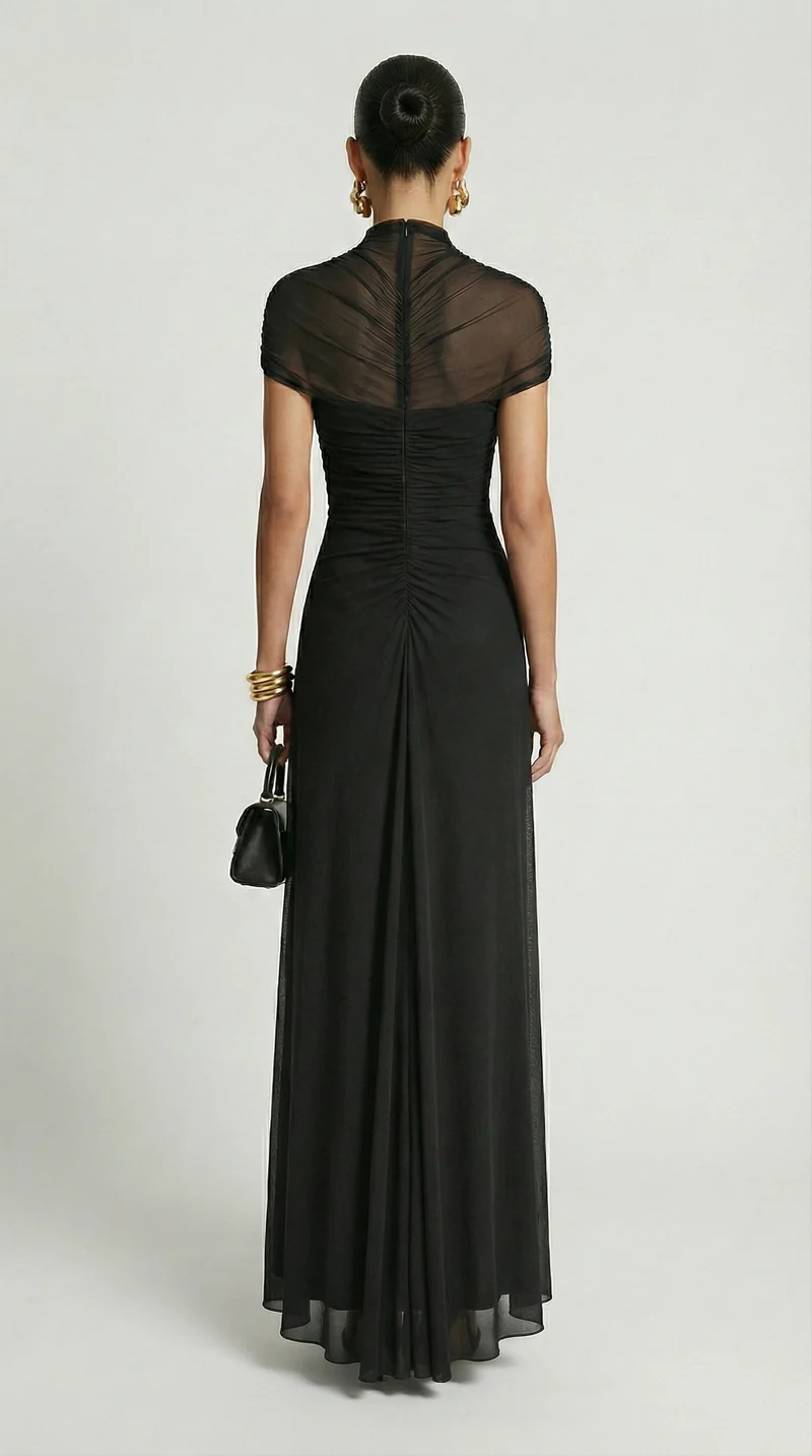 Damen gerafftes Mesh Maxikleid mit Cut-Outs