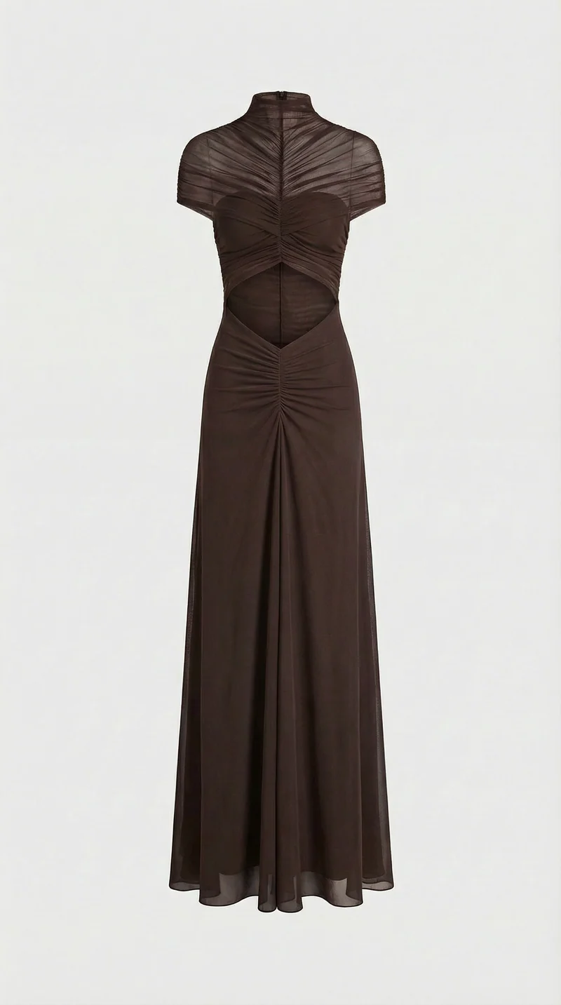 Damen gerafftes Mesh Maxikleid mit Cut-Outs