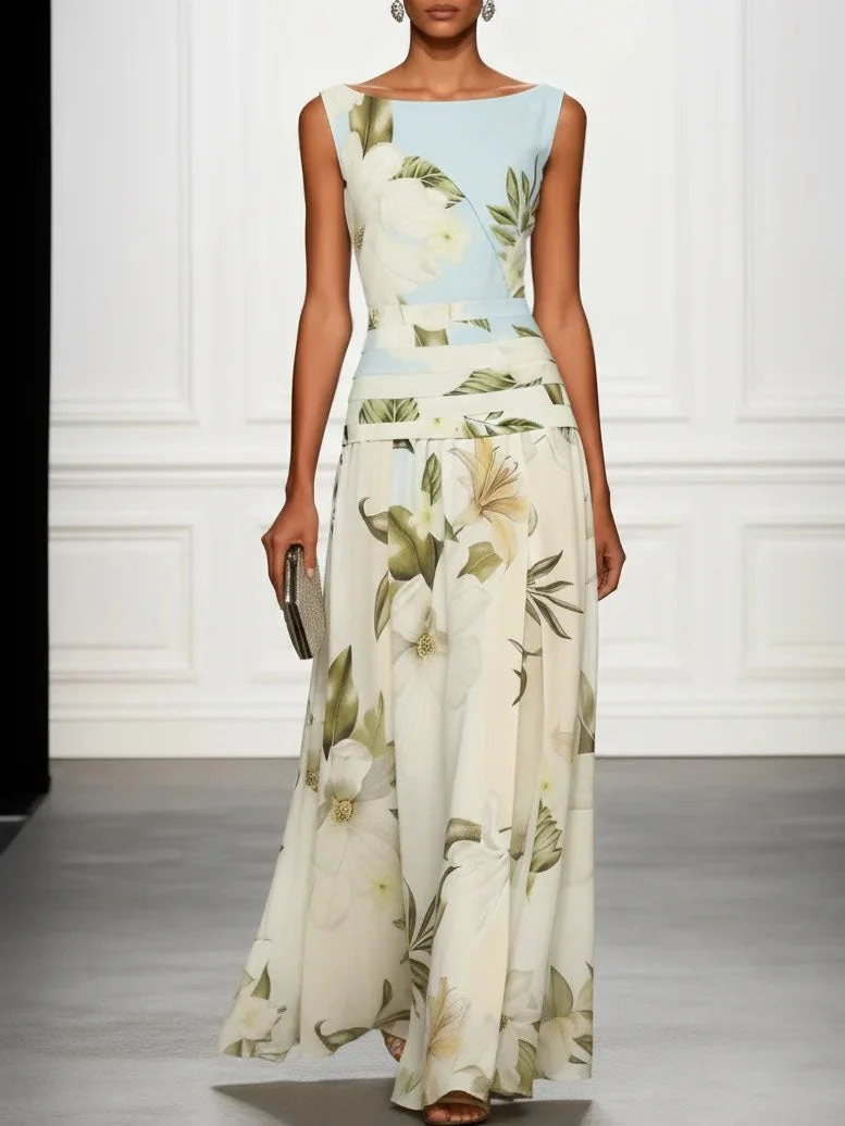 Fresh ärmelloses Party Maxikleid mit Bootsausschnitt und Print