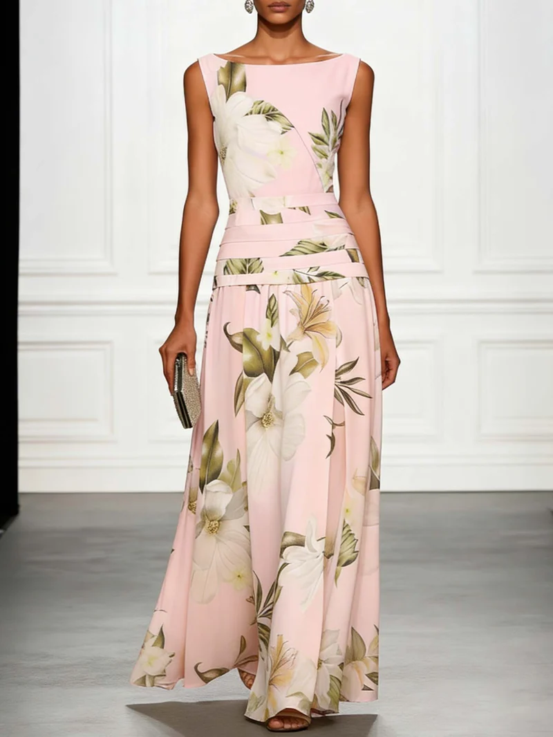 Fresh ärmelloses Party Maxikleid mit Bootsausschnitt und Print
