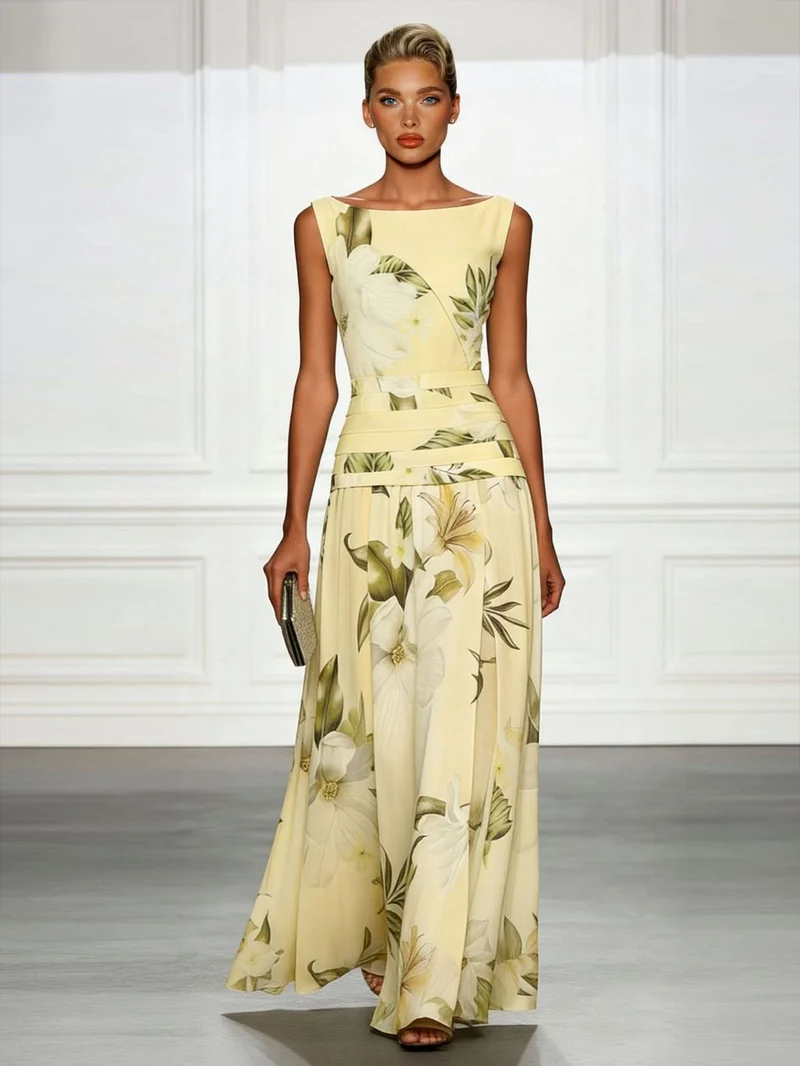 Fresh ärmelloses Party Maxikleid mit Bootsausschnitt und Print
