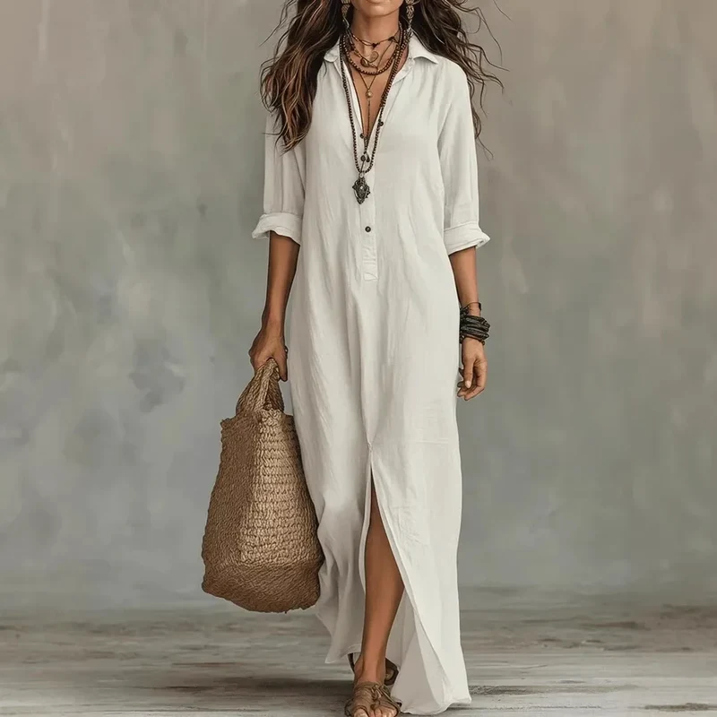 Agnes – Langes Leinen-Optik Kleid