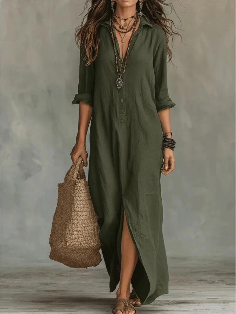 Agnes – Langes Leinen-Optik Kleid