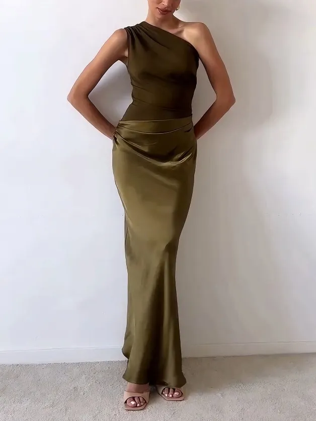 One Shoulder plissiertes Party Maxikleid