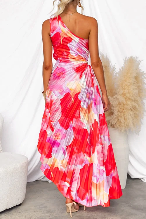 Damen One Shoulder Maxikleid mit Print asymmetrischem Schnitt und Falten
