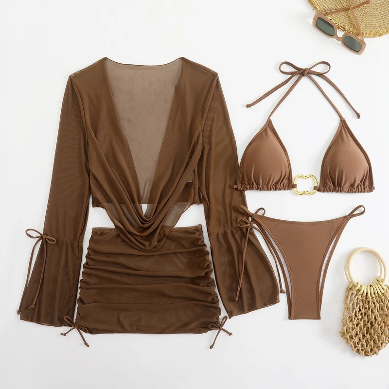 4-teiliges Damen Beachwear Set mit Bikini langärmligem Cover Up und Minirock