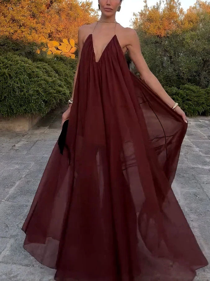 Elegantes Chiffon Maxikleid mit V Ausschnitt fließender Schnitt