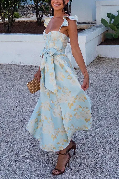 Partykleid mit Rüschenschultern Schleifenbund und Schlitz