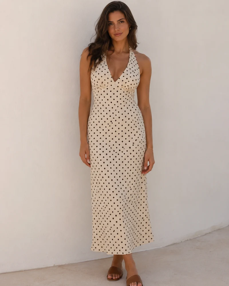 Damen Maxikleid mit Tupfen und Halterausschnitt