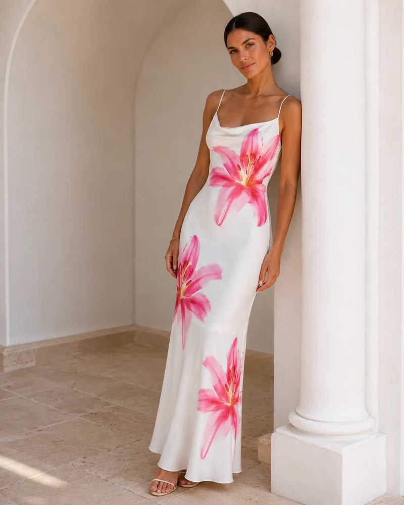 Damen figurbetontes Midikleid mit eckigem Ausschnitt und Blumenprint