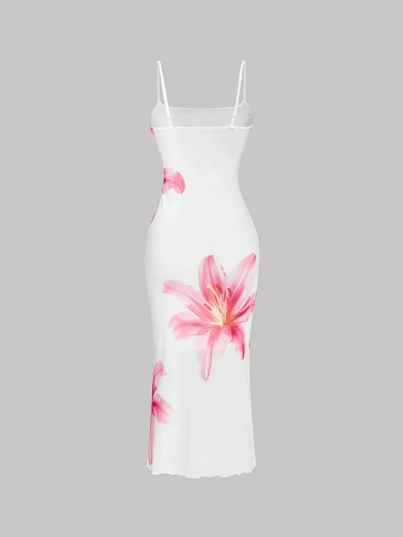 Damen figurbetontes Midikleid mit eckigem Ausschnitt und Blumenprint