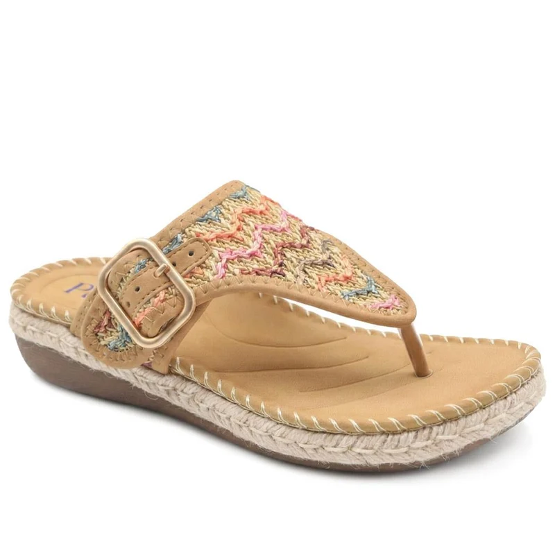 Buckle Detail Fabric Toe Post Sandals - BAIZH43033 / 328 985 - Tan Multi