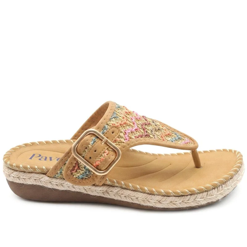 Buckle Detail Fabric Toe Post Sandals - BAIZH43033 / 328 985 - Tan Multi