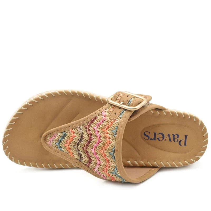 Buckle Detail Fabric Toe Post Sandals - BAIZH43033 / 328 985 - Tan Multi