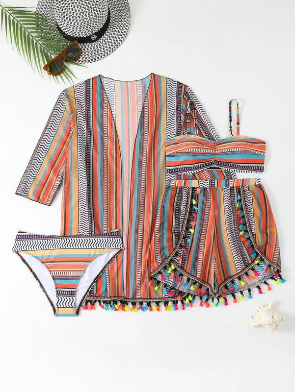 Damen Bikini Set mit Cover Up Shirt und Strandshorts
