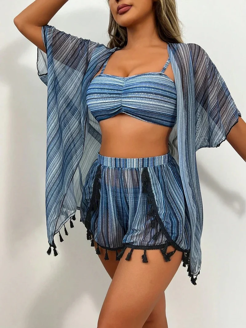 Damen Bikini Set mit Cover Up Shirt und Strandshorts