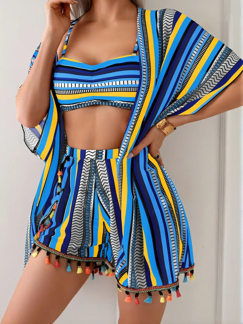 Damen Bikini Set mit Cover Up Shirt und Strandshorts