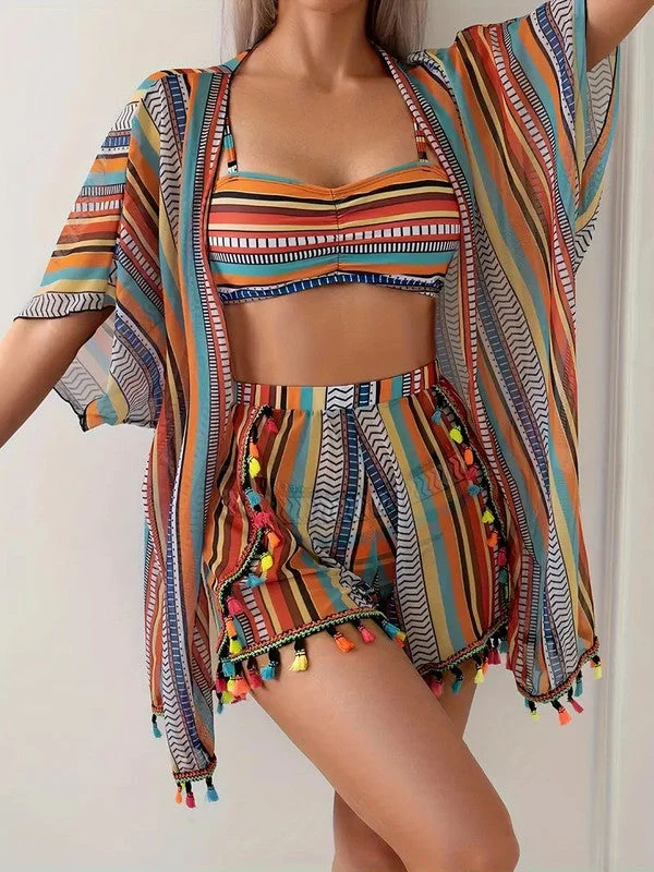 Damen Bikini Set mit Cover Up Shirt und Strandshorts