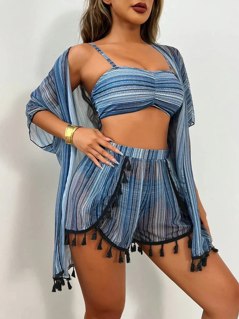 Damen Bikini Set mit Cover Up Shirt und Strandshorts