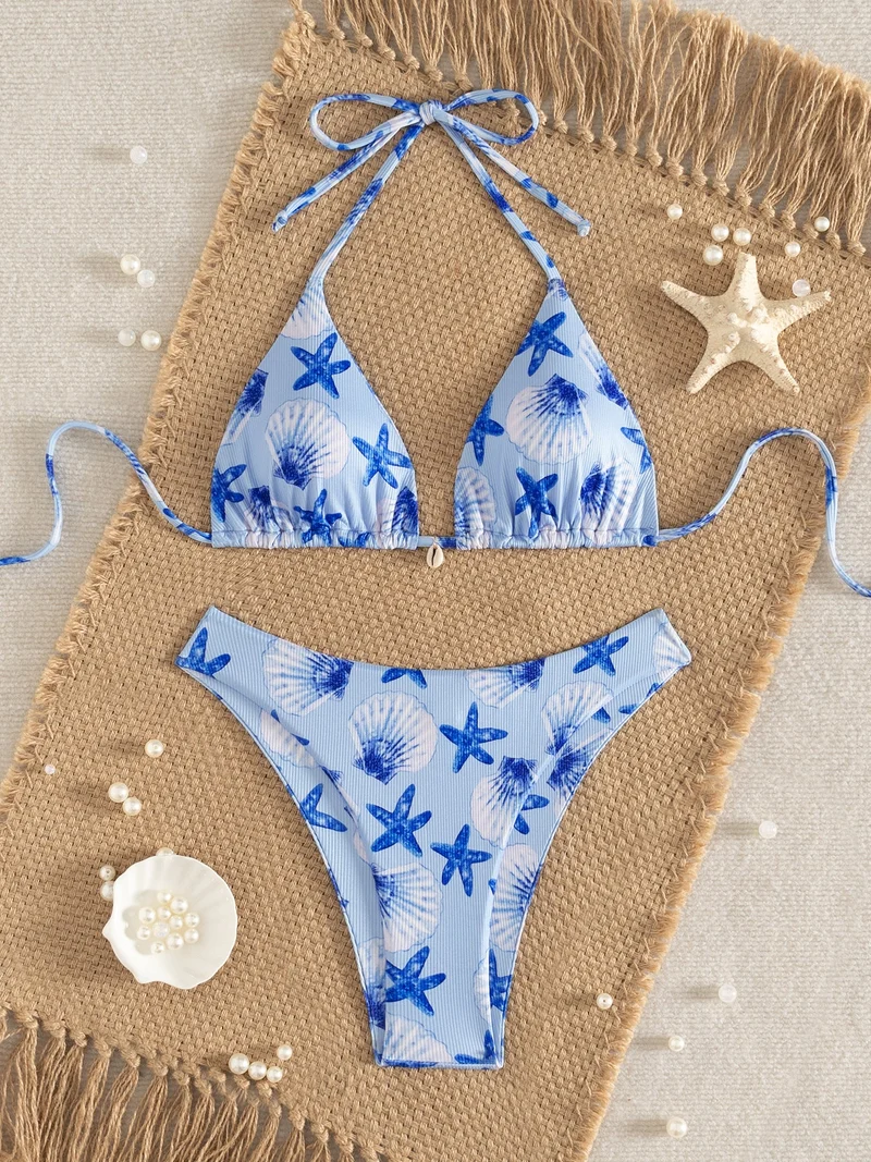 Meeresblaues Muschel-Seestern-Bikini-Set