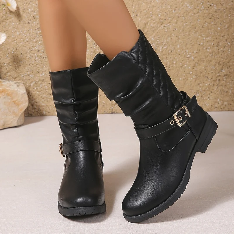 Sophie | Elegante Mid-Calf-Stiefel mit Schnallen und gerafftem Schaft