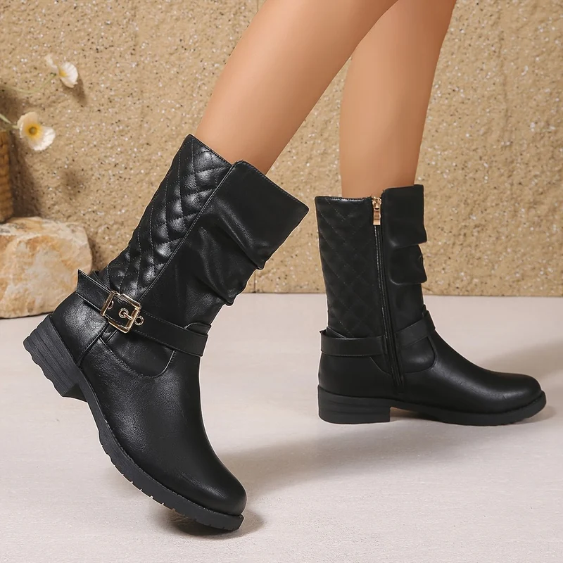 Sophie | Elegante Mid-Calf-Stiefel mit Schnallen und gerafftem Schaft