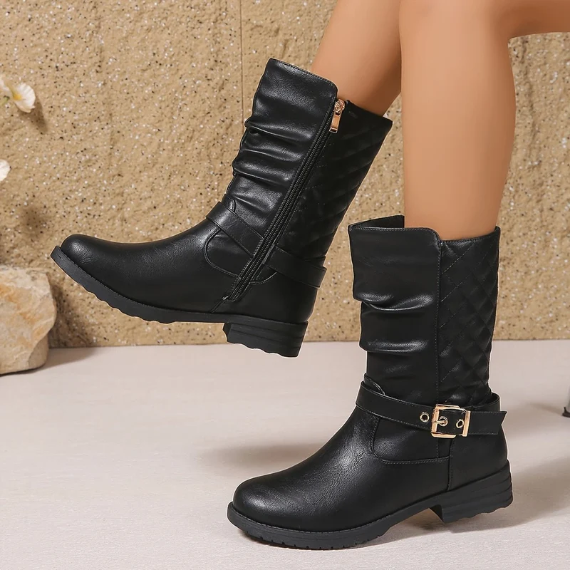 Sophie | Elegante Mid-Calf-Stiefel mit Schnallen und gerafftem Schaft