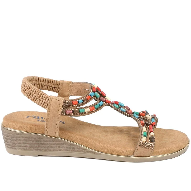 Wide Fit Jewelled Elastic Fit Sandals - BAIZH43048 / 329 372 - Tan