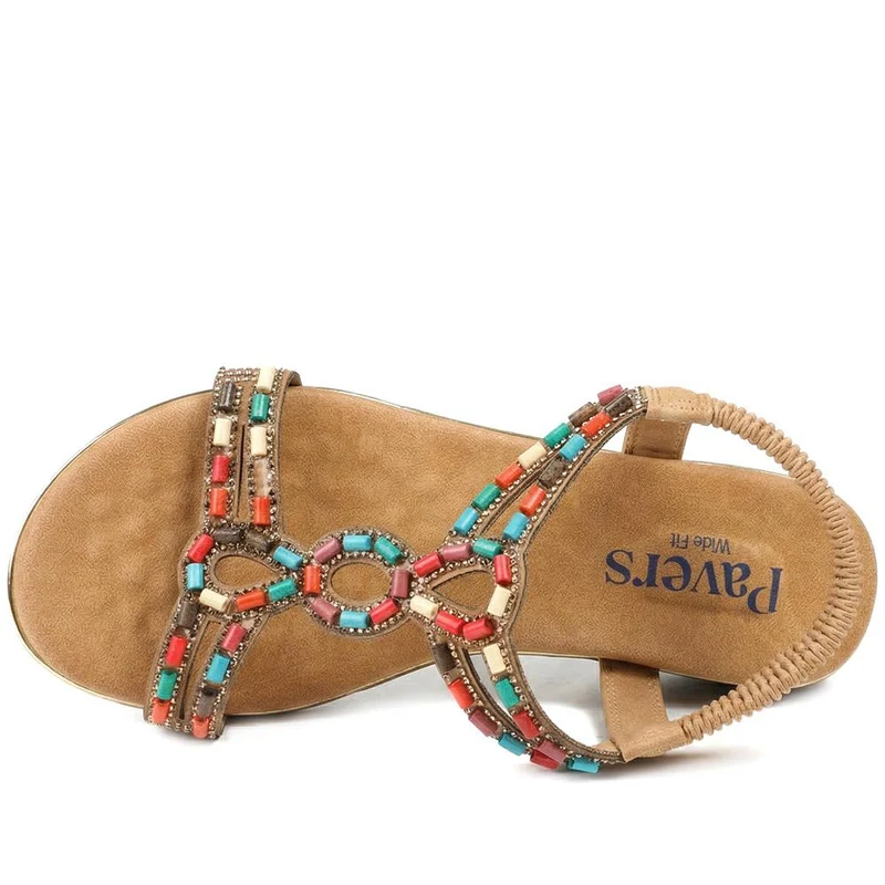 Wide Fit Jewelled Elastic Fit Sandals - BAIZH43048 / 329 372 - Tan