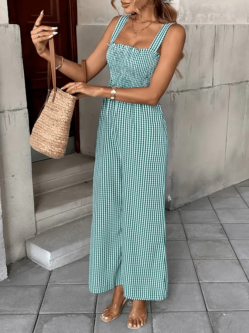 Damen karierter weiter Jumpsuit mit Kräuseloberteil und Rüschen