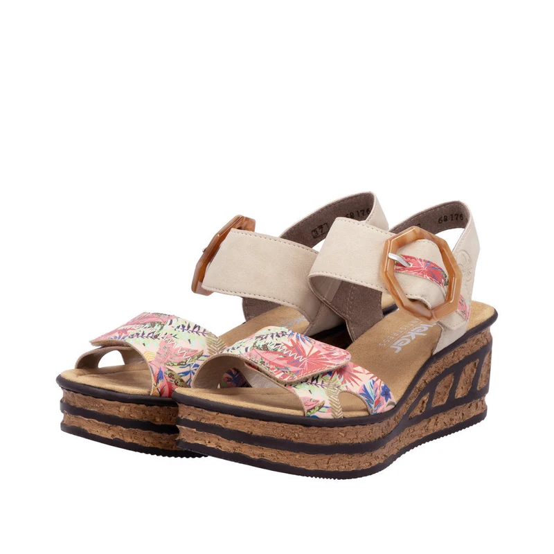 Rieker Modische Sandalen mit Keilabsatz für Damen - Rosa Blumenmuster