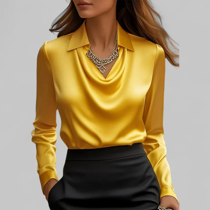 Rose Damen langärmelige Satinbluse mit Drapierung