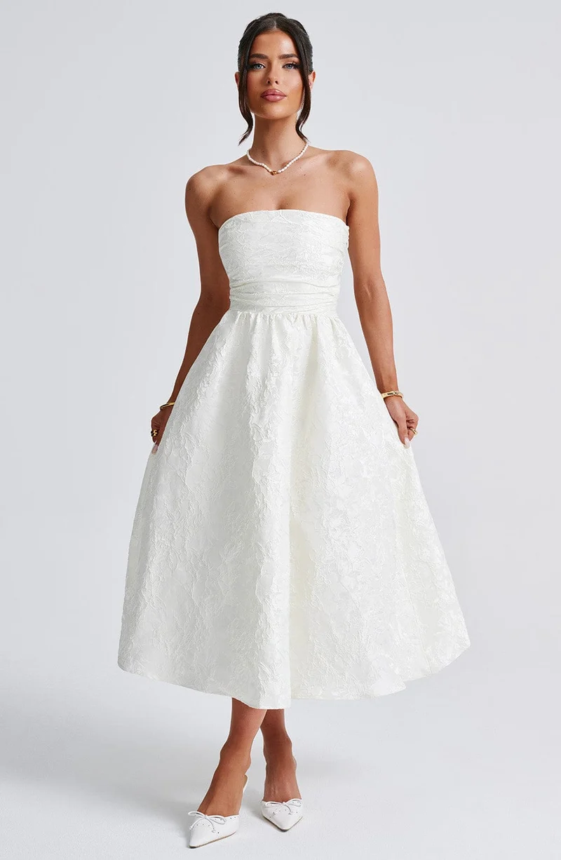 Tyche - Schulterfreies Jacquard-Midikleid