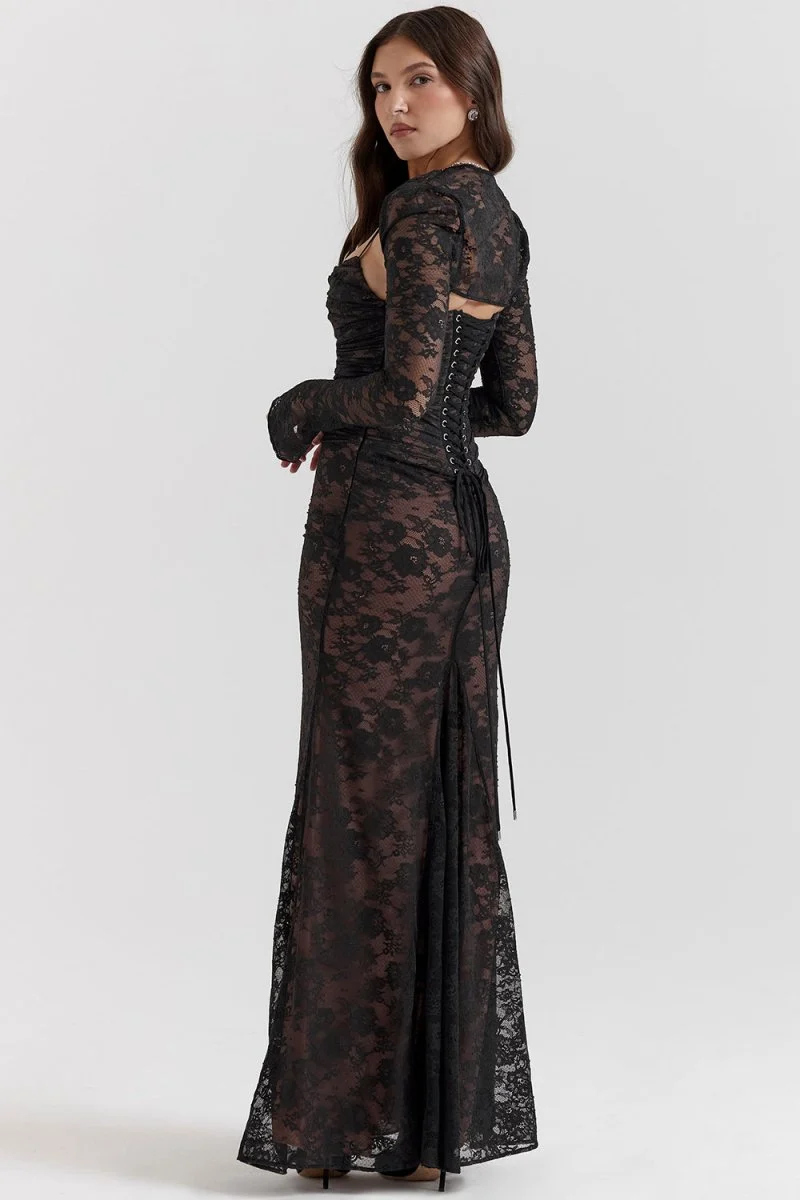 Thalassa schulterfreies Maxikleid aus floraler Spitze