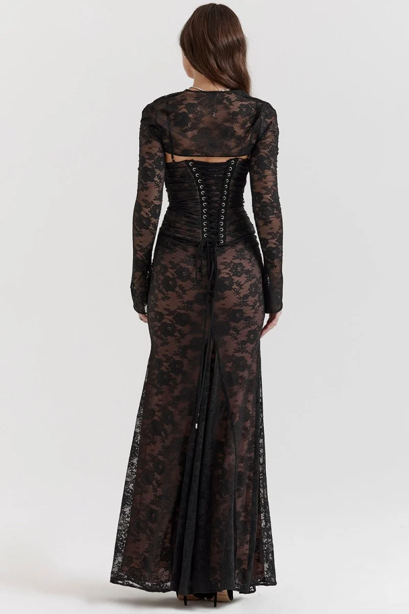 Thalassa schulterfreies Maxikleid aus floraler Spitze